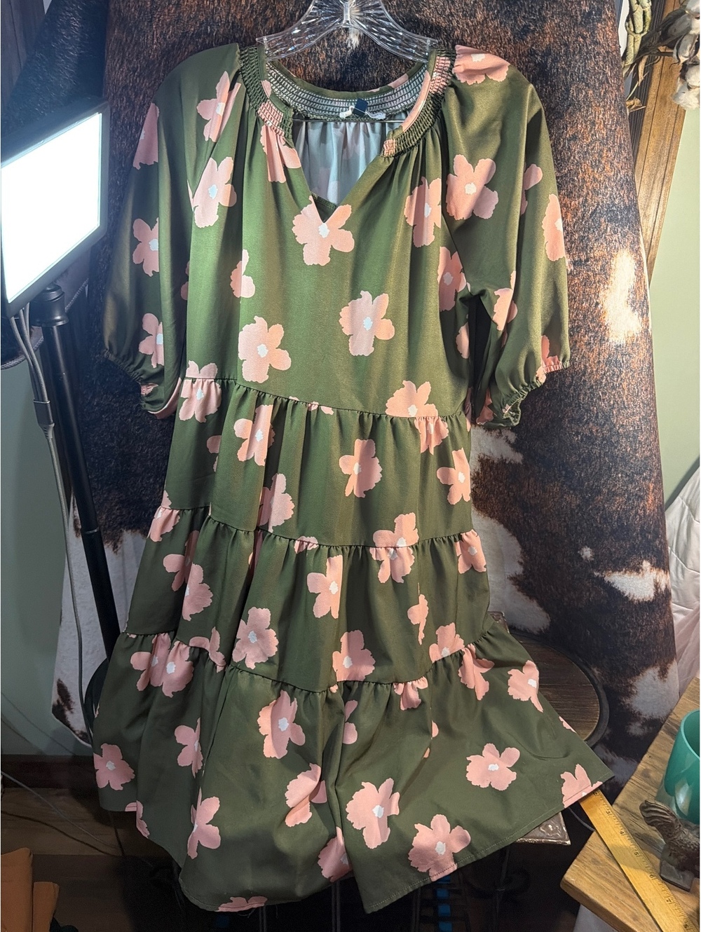 Michelle McDowell Olive Green Floral Tiered Dress Medium